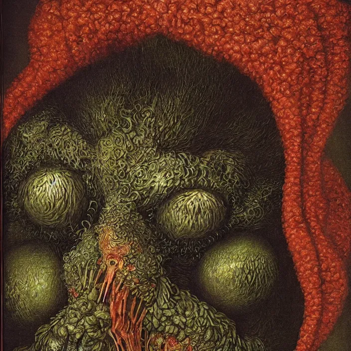 Image similar to close up portrait of a mutant monster creature with pulsating, phosphorescent, iridescent fractal protuberances. by jan van eyck, walton ford