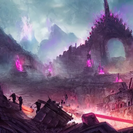 Prompt: an army of samurai standing in the ruins of crux prime, destroyed monastery in the background, purple fiery maelstrom in the distance, digital art, artstationhq