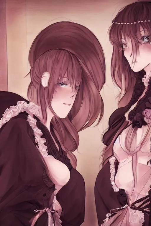 Image similar to a stare down between two beautiful maids standing face to face, detailed anime art