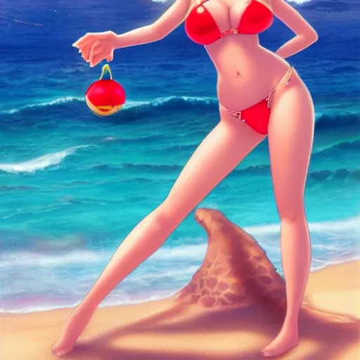 Image similar to beautiful princess peach in a bikini on the beach drawn by artgerm