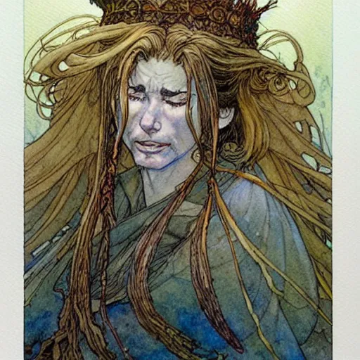 Prompt: a beautiful and very detailed character concept watercolour portrait painting by alan lee, rebecca guay, michael kaluta, charles vess and jean moebius giraud of a sanna marin, the prime minister of finland as a druidic wizard