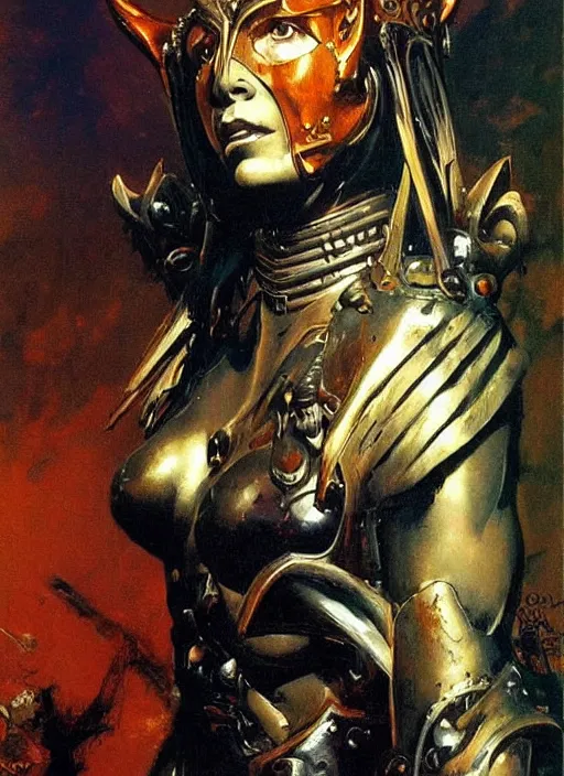 Image similar to portrait of european female chaos angel, beautiful! coherent! by frank frazetta, by brom, strong line, deep color, copper armor, iron helm, high contrast, maximalist