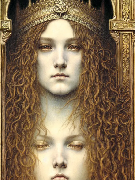 Image similar to detailed realistic beautiful young medieval queen face portrait by jean delville, gustave dore and marco mazzoni, art nouveau, symbolist, visionary, gothic, pre - raphaelite. horizontal symmetry