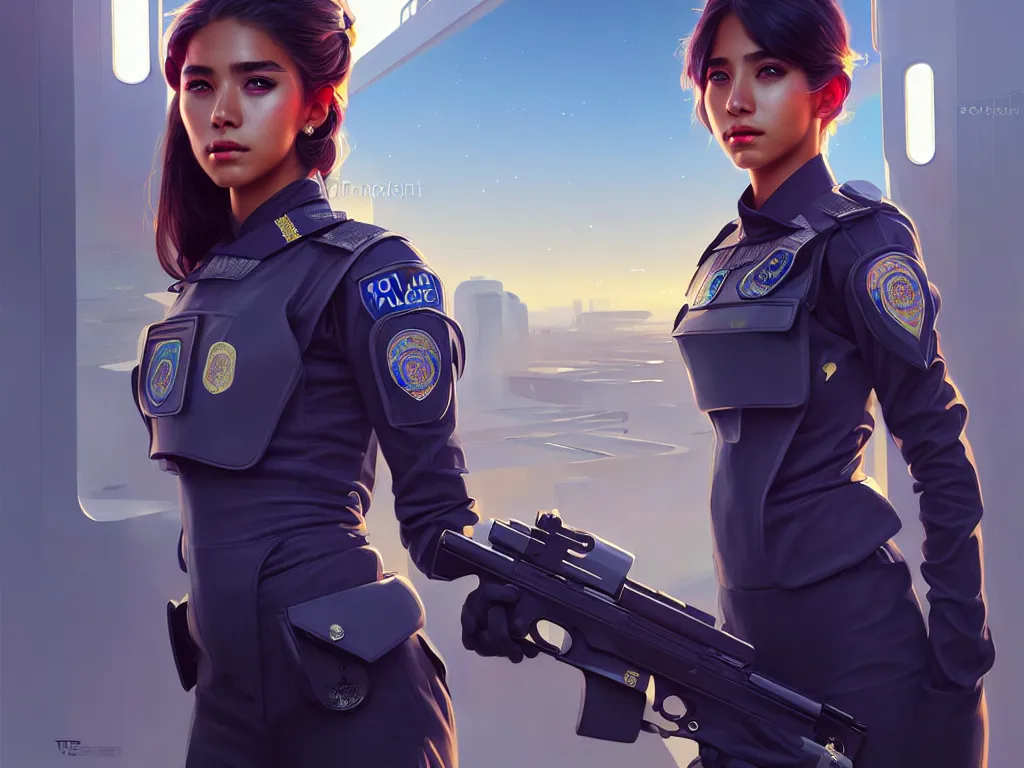 Prompt: portrait futuristic venezuela police uniform girl, at future neon light rooftop, ssci - fi and fantasy, intricate and very very beautiful and elegant, highly detailed, digital painting, artstation, concept art, smooth and sharp focus, illustration, art by tan zi and ayanamikodon and alphonse mucha and wlop