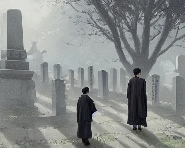 Image similar to a 50 year old brunnete chinese man Standing at a funeral in a cemetery next to the grim reaper, horror scene, dramatic, anime art, Greg Rutkowski, studio ghibli, dramatic lighting