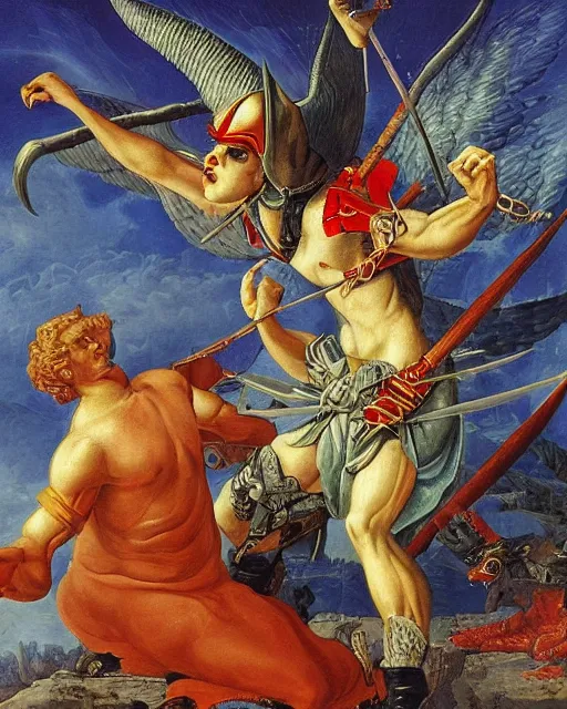 Image similar to devil fights angel, high detail, extremely detailed, very sharp, in the style of jost amman,