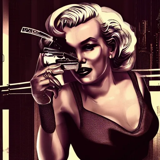 Image similar to marilyn monroe cyberpunk, cigarette dangling, grenade in hand, by pascal blanche, ultradetailed, 8 k