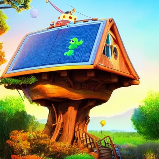 Image similar to Treehouse from the Pixar movie Up, solar, bright sky, vivid colors, beautiful