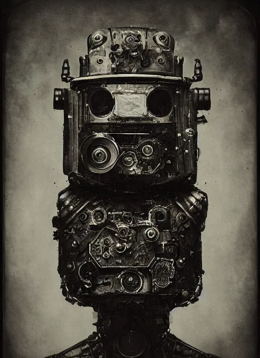 Image similar to old wetplate daguerreotype portrait of futuristic robot, dubbel negative exposure, explosion of data fragments, fractal, intricate, elegant, highly detailed, parallax, leica, medium format, subsurface scattering, by jheronimus bosch and greg rutkowski and louis jacques mande daguerre