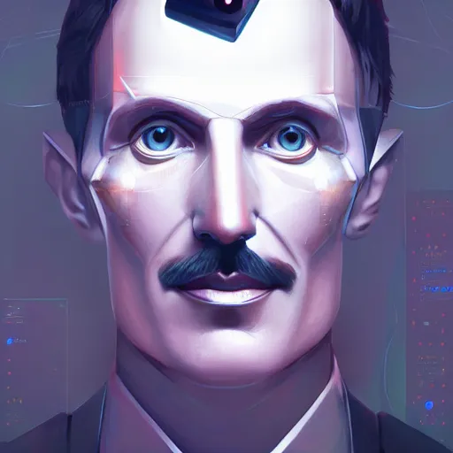 Image similar to portrait of a cyborg nikola tesla, metallic skin, led lights, high technology inplants, mattepainting concept blizzard pixar maya engine on stylized background splash comics global illumination lighting artstation lois van baarle, ilya kuvshinov, rossdraws