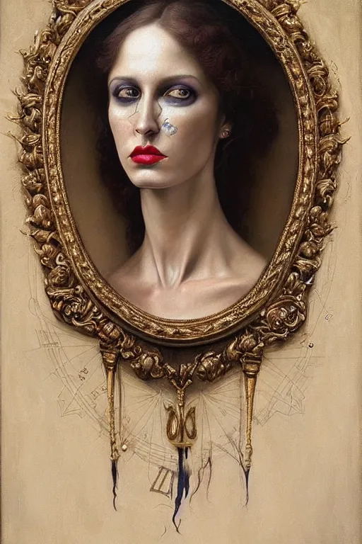 Image similar to hyper realistic painting portrait of the lady of punk, occult diagram, elaborate details, detailed face, intrincate ornaments, gold decoration, occult art, oil painting, art noveau, in the style of roberto ferri, gustav moreau, jean delville, bussiere, andrew gonzalez