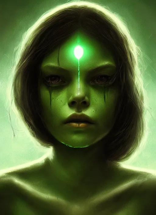 Prompt: portrait of a ominous girl, perfect glowing green eyes, detailed reptile skin, ultra realistic, cinematic lighting, depth of field, artstation, Seb McKinnon