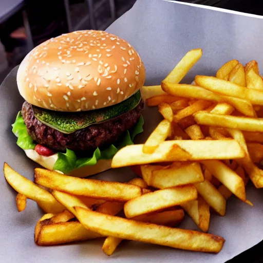 Prompt: a hamburger and side of fries, cookbook photo, good composition