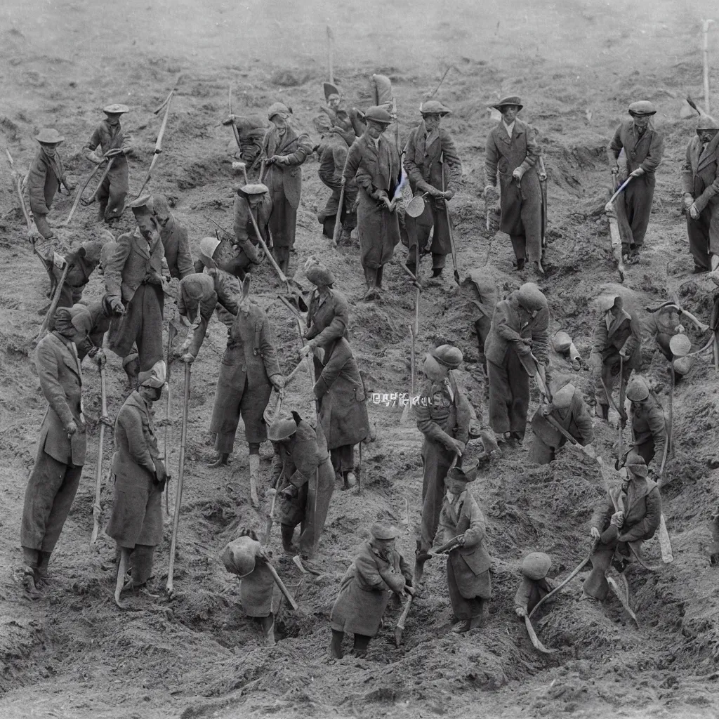 Prompt: a group of badgers in 1 9 4 0 s suits, digging at sutton hoo, standing upright like people, anthropomorphic, style of beatrix potter, rendered as a highly detailed black & white photograph