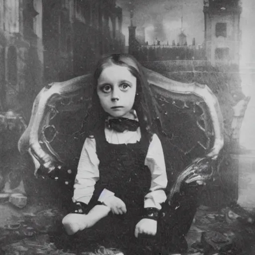 Image similar to a photo of young sad victorian gothic child with big eyes and wide grin sitting on a sofa of bones surrounded by a cyber futuristic cityscape made of human body parts, 5 0 mm, perfect faces