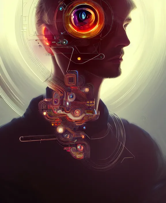 Image similar to a whirlwind inside the metaverse, guy, male, man, hologram, half body, neurochip, android, cyborg, cyberpunk face, by loish, d & d, fantasy, intricate, elegant, highly detailed, colorful, digital painting, artstation, concept art, art by artgerm and greg rutkowski and alphonse mucha