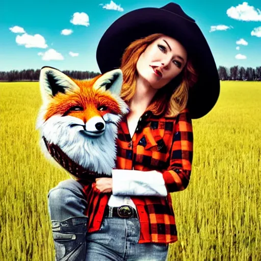 Image similar to a female fluffy anthropomorphic fox animal, head of fox, wearing cowboy hat, wearing plaid shirt, playing guitar, in a field, barn in background, album cover style