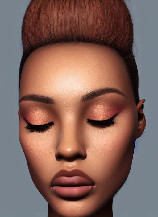 Prompt: beautiful female, pigment, attractive facial features, brown skin, haze, model, intricate, symmetrical face, makeup, sephora, maybelline, studio, reflections, cinematic, filmic, vsco, concept art, artstation, elegant, model, gorgeous, vray, flim, octane render, ambient occlusion, prism details