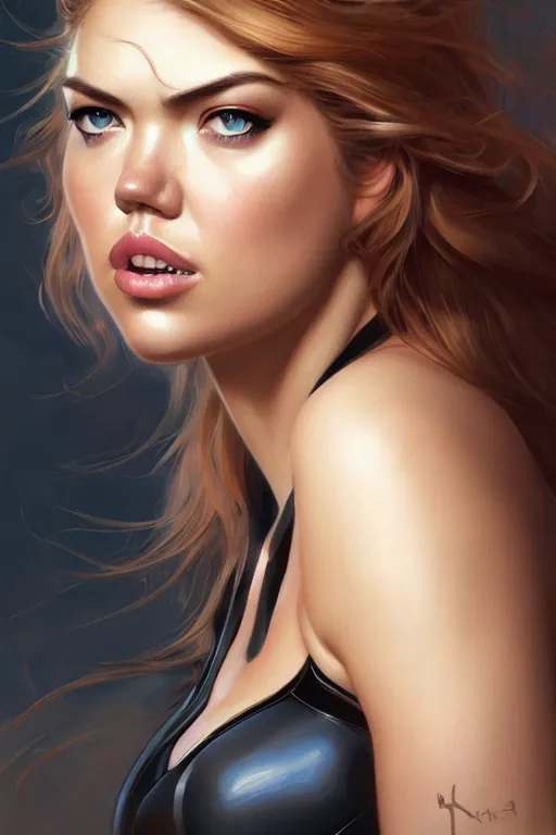 Image similar to kate upton as black widow, realistic portrait, symmetrical, highly detailed, digital painting, artstation, concept art, smooth, sharp focus, illustration, cinematic lighting, art by artgerm and greg rutkowski and alphonse mucha