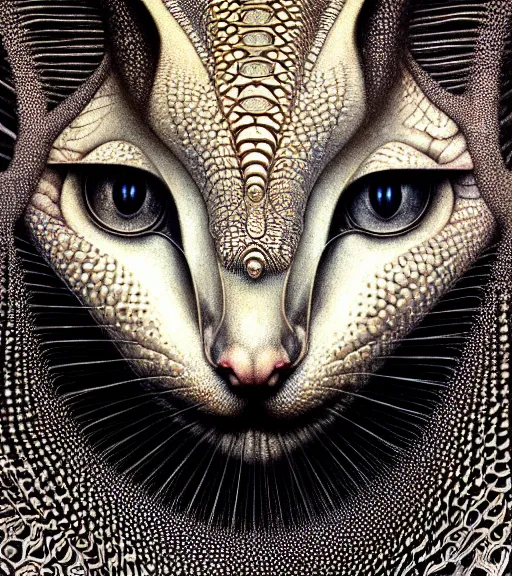 Prompt: detailed realistic beautiful serval goddess face portrait by jean delville, gustave dore, iris van herpen and marco mazzoni, art forms of nature by ernst haeckel, art nouveau, symbolist, visionary, gothic, neo - gothic, pre - raphaelite, fractal lace, intricate alien botanicals, ai biodiversity, surreality, hyperdetailed ultrasharp octane render