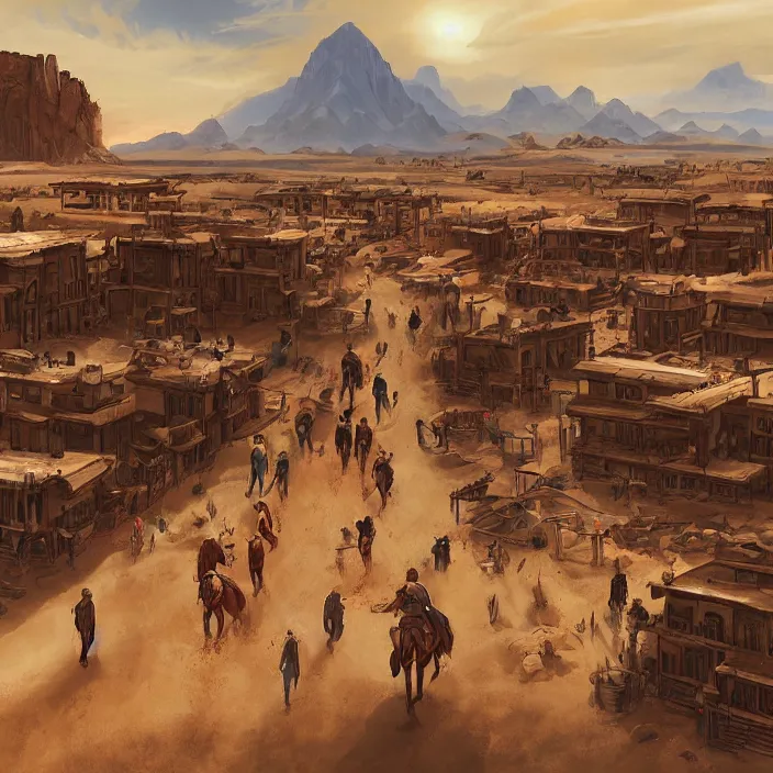 Prompt: old western style city bustling with people in the middle of a sandy flat desert with a single mountain on the very distant horizon. magic the gathering art, digital media