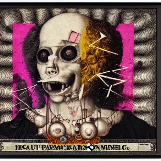 Image similar to post - punk new age album cover, asymmetrical design, frame of a dollar bank notes, capitalism, magic, apocalypse, psychedelic, black white pink, magic, giger h. r., giuseppe arcimboldo