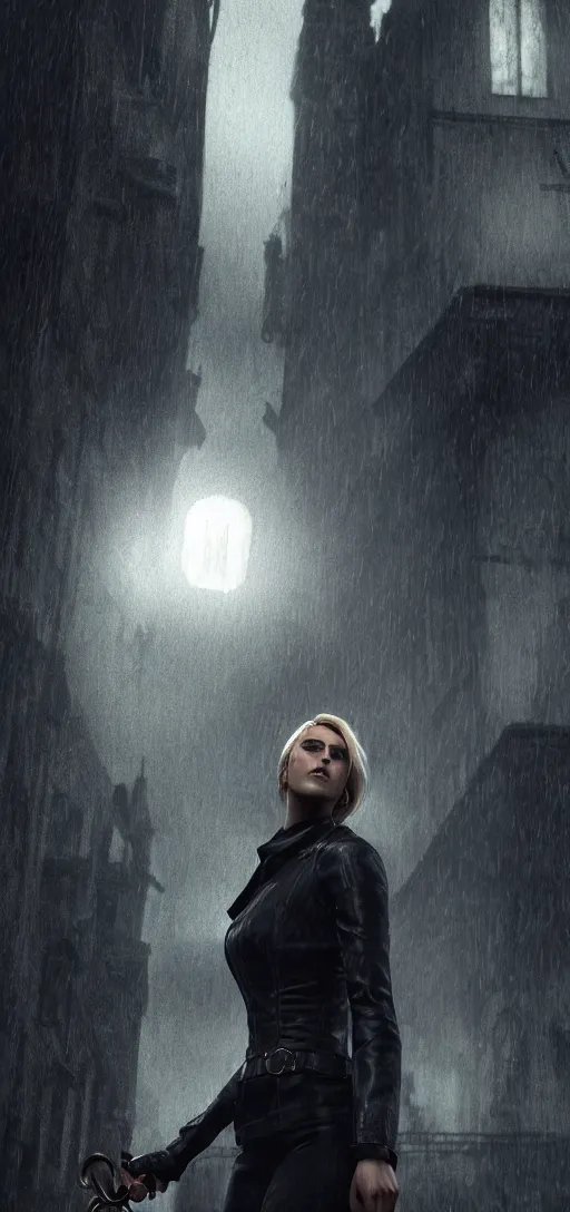 Image similar to remote detailed shot of beautiful annie leonhart in dunwall city, mid air shot, redshift render, beautiful face, detailed face, cinematic lighting, rainy weather, melancholy atmosphere, volumetric light, octane render, dishonored 1, gothic architecture, realistic reflections, octane render 8 k