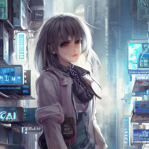 Image similar to dynamic composition, motion, ultra-detailed, incredibly detailed, a lot of details, amazing fine details and brush strokes, colorful and grayish palette, smooth, HD semirealistic anime CG concept art digital painting, watercolor oil painting of Clean and detailed post-cyberpunk sci-fi close-up schoolgirl wearing thigh highs and school uniform, in asian city in style of cytus and deemo, blue flame, relaxing, calm and mysterious vibes,, by a Chinese artist at ArtStation, by Huang Guangjian, Fenghua Zhong, Ruan Jia, Xin Jin and Wei Chang. Realistic artwork of a Chinese videogame, gradients, gentle an harmonic grayish colors. set in half-life 2, Matrix, GITS, Blade Runner, Neotokyo Source, Syndicate(2012), dynamic composition, beautiful with eerie vibes, very inspirational, very stylish, with gradients, surrealistic, dystopia, postapocalyptic vibes, depth of field, mist, rich cinematic atmosphere, perfect digital art, mystical journey in strange world