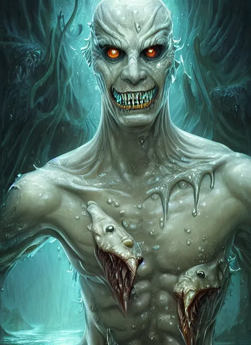 Prompt: digital painting of a wet undead merfolk man, with pale white skin, sharp teeth, black hollow eyes, head just above water surface, by filipe pagliuso and justin gerard, fantasy, highly detailed, realistic, intricate, glowing eyes