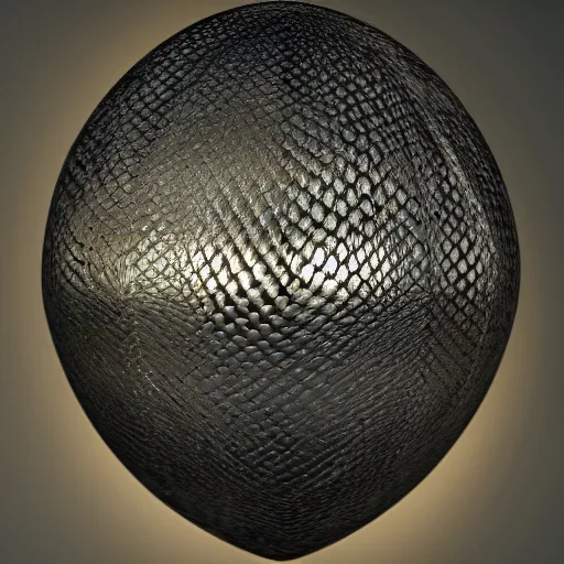 Image similar to translucent metallic dragon scale egg, photorealistic, symmetrical, unreal engine, beautiful scales in background