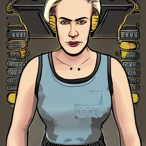 Image similar to detailed illustration of square - jawed emotionless serious blonde woman starship engineer, tribal tattoos, handsome, short slicked - back hair, sweating, uncomfortable and anxious, looking distracted and awkward, wearing victorian dark goggles, dirty white tank top, cargo pants, and gloves, small spacecraft in background, highly detailed, mike mignogna, trending on artstation