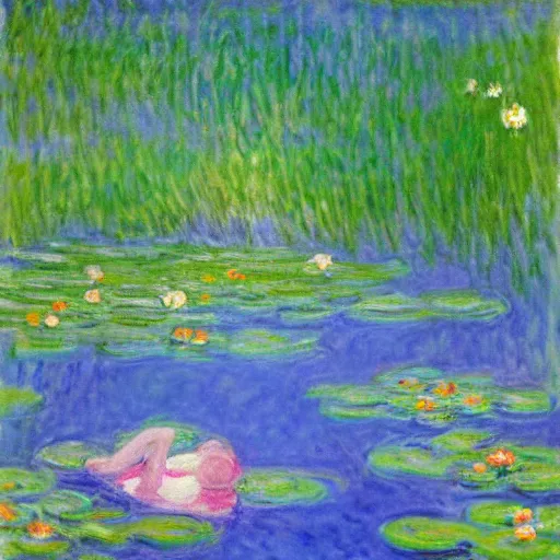 Image similar to pikachu laying relaxed near a lake surrounded by flowers, claude monet style, cloudy weather