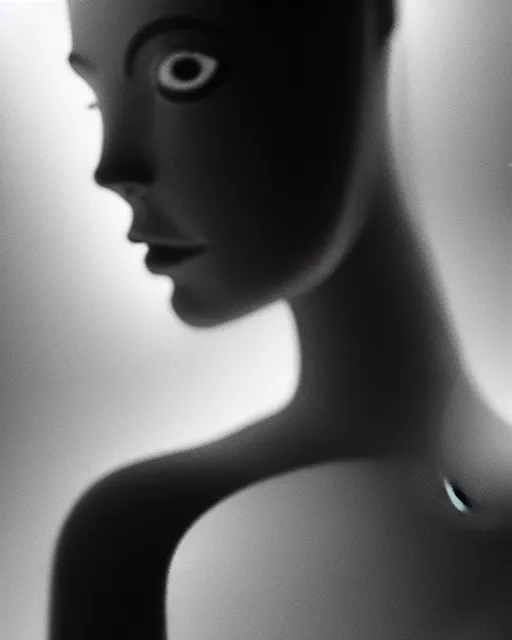 Prompt: black and white high quality photo of a beautiful female AI vegetal-cyborg looking into a sci-fi mirror, volumetric lighting, liminal space, brutalism, foggy, dreamy, hyperdetailed, bokeh, photorealistic, cinematic, masterpiece, elegant, dark, by Man Ray in the style of Horst P. Horst, octane render, 8K,