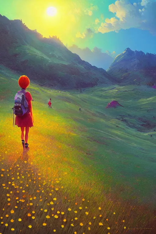 Image similar to giant daisy flower head, girl hiking in the mountains, surreal photography, sunrise, dramatic light, impressionist painting, colorful clouds, digital painting, artstation, simon stalenhag