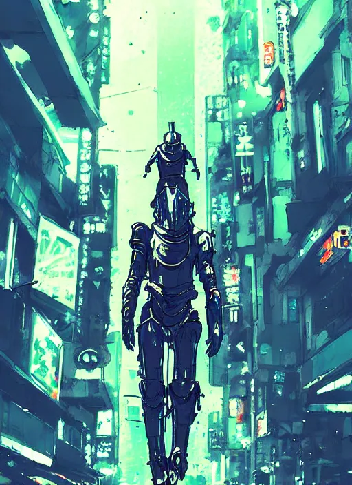 Image similar to sci - fi metal knight walking in shinjuku, by ismail inceoglu