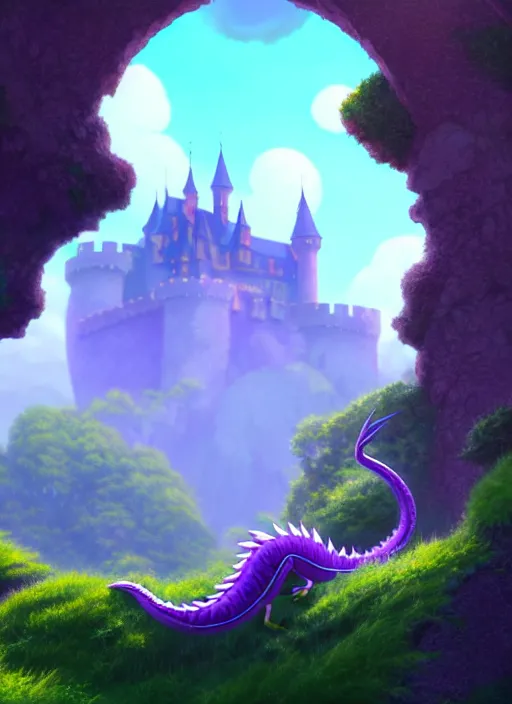 Prompt: a wholesome animation key shot of a purple dragon, castle in the background, studio ghibli, pixar and disney animation, sharp, rendered in unreal engine 5, anime key art by greg rutkowski, bloom, dramatic lighting