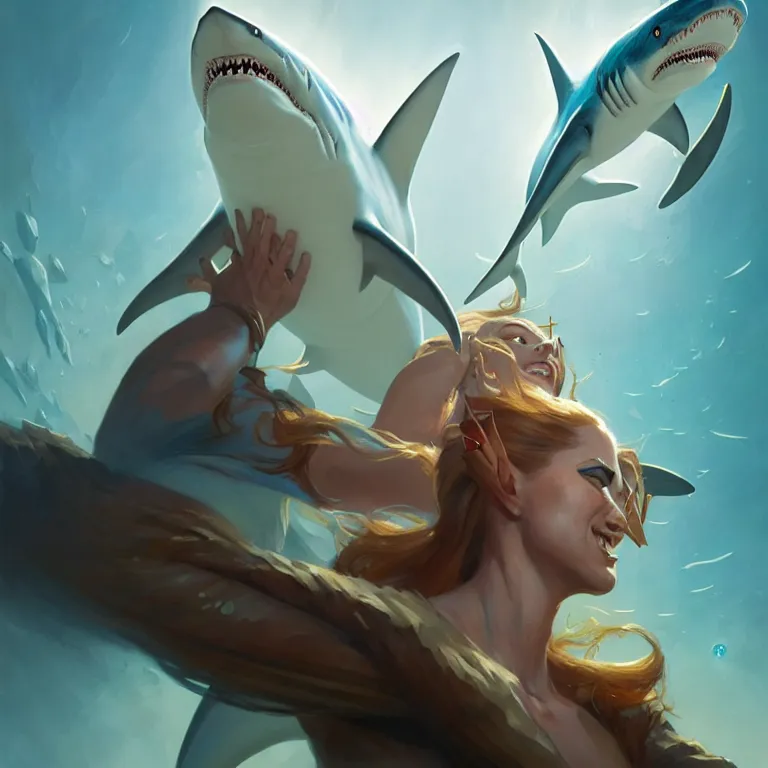 Image similar to a portrait of a stunning humanoid shark - woman revealing her shark teeth, by mandy jurgens and pete mohrbacher and and greg rutkowski, in frame, detailed facial features, fantasy, d & d, key art