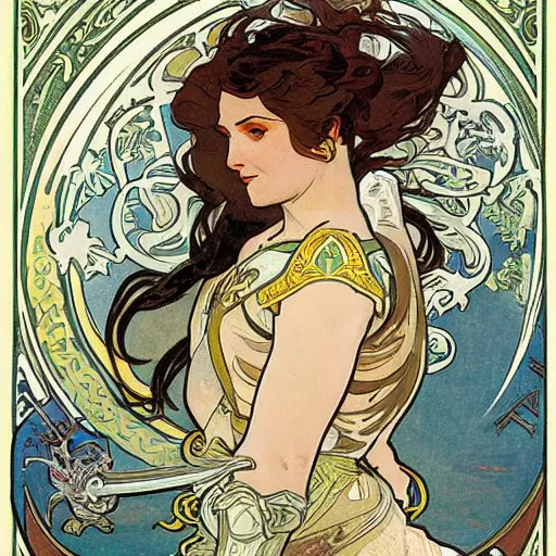 Prompt: woman in full plate armour, lance, flowing hair, fighting a dragon, painted by alphonse mucha