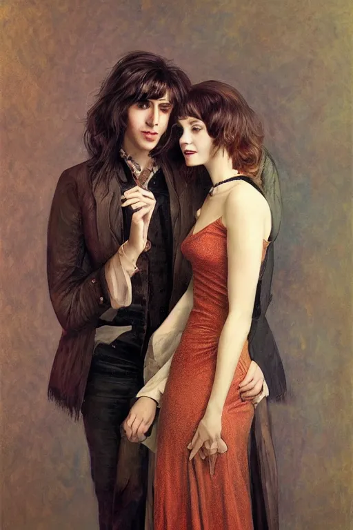 Image similar to a portrait of handsome young male 1960s rock star with long hair and his elegant beautiful 1960s bohemian wife, bored, illustration, dramatic lighting, soft details, painting oil on canvas, art nouveau, octane render, HDR, 4k, 8k, HD, by Edmund Blair Leighton, Brom, Charlie Bowater, trending on artstation, faces by Tom Bagshaw, Sargent