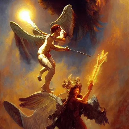 Image similar to attractive male deity casts light spell, summons attractive male lucifer morningstar. highly detailed painting by gaston bussiere, craig mullins, j. c. leyendecker 8 k