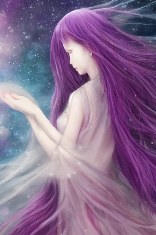 Prompt: 4k detailed portrait of a beautiful intimate woman with long purple cosmic hair and a beautiful celestial dress, by Miho Hirano. Anime, volumetric lighting
