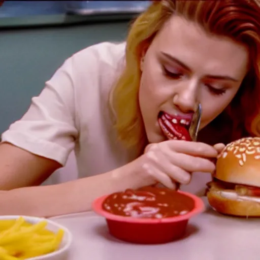 Prompt: Scarlett Johansson performing CPR on a hamburger, dripping BBQ Sauce, serving happy meals, spilling ketchup, 35mm print, hyperreal, emergency room footage