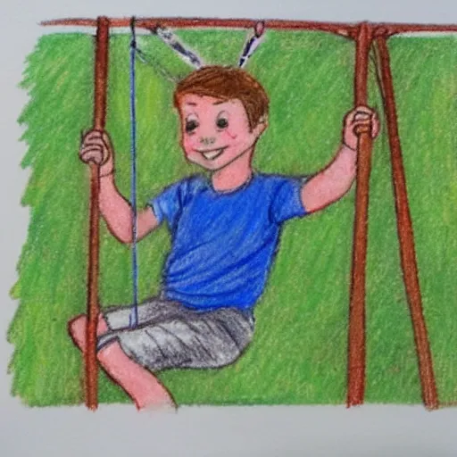 Image similar to children's illustration of a boy playing on a swing, coloured pencil