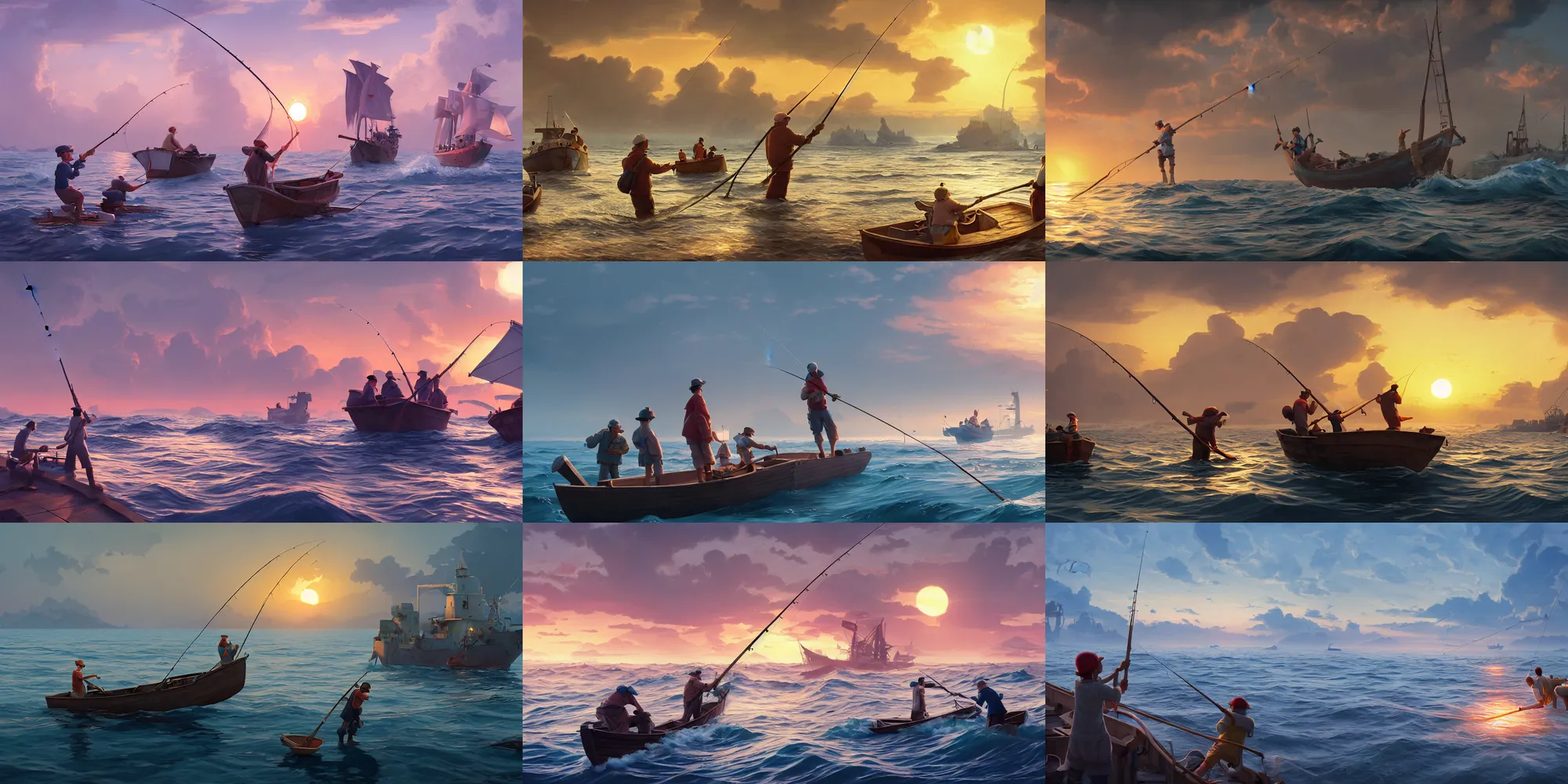 Prompt: fishermen catching fish with rods in their ship at sea and reacting to the fish caught, fishing boat, studio Ghibli, Pixar and Disney animation, sharp, Rendered Unreal Engine 5, film key art, Greg Rutkowski, Bloom, dramatic lighting, sunrise