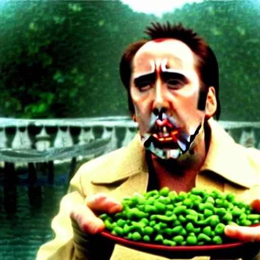 Image similar to nicolas cage drowning mouth full of peas, movie still, the wicker man