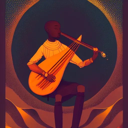 Prompt: dark - skinned male knight lute player playing the lute, victo ngai, kilian eng, lois van baarle, bald, orange background
