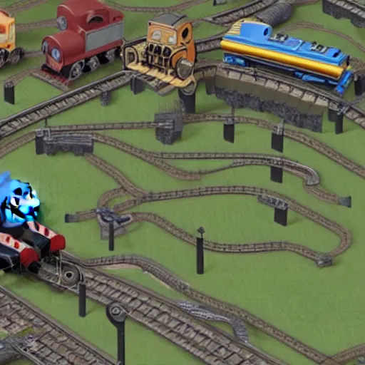 Image similar to thomas the tank engine running over a factorio engineer