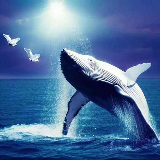 Image similar to photomanipulation of a whale that has tiny fairy wings, the wings are inspired by tooth fairy's wings, fully detailed, 4 k, real footage