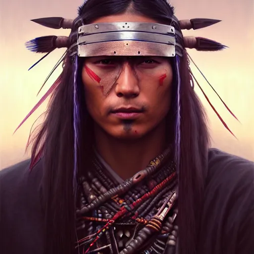 Image similar to portrait painting of a cyberpunk native american street samurai with pointy ears, ultra realistic, concept art, intricate details, eerie, highly detailed, photorealistic, octane render, 8 k, unreal engine. art by artgerm and greg rutkowski and charlie bowater and magali villeneuve and alphonse mucha