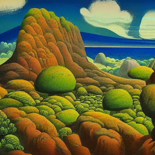 Image similar to painting of a lush natural scene on an alien planet by gerardo dottori. extremely detailed. futurism. beautiful landscape. weird vegetation. cliffs and water.